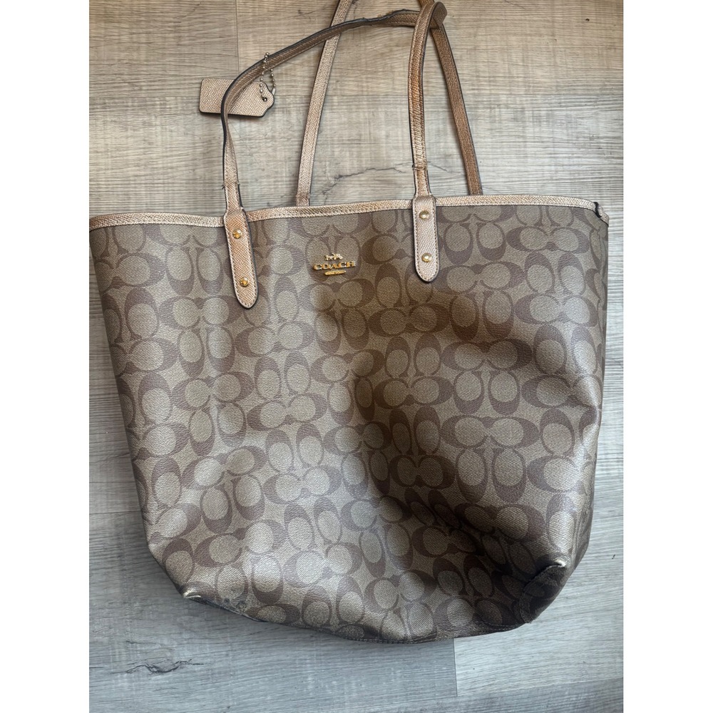Coach Reversible Signature Canvas Metallic Rose Gold City Tote Bag